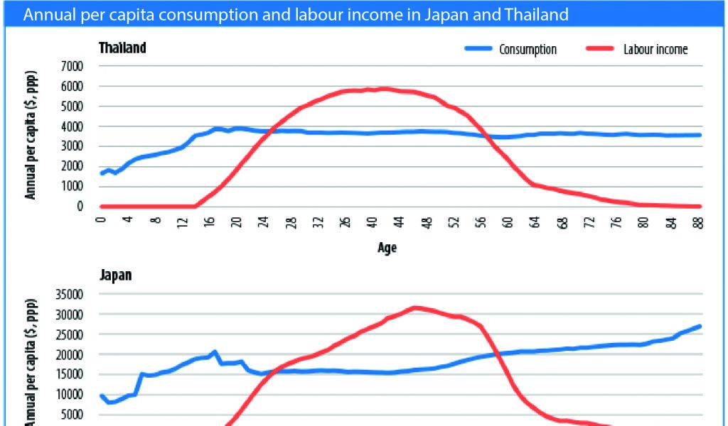Annual per capita consumption and labour income in Japan and Thailand